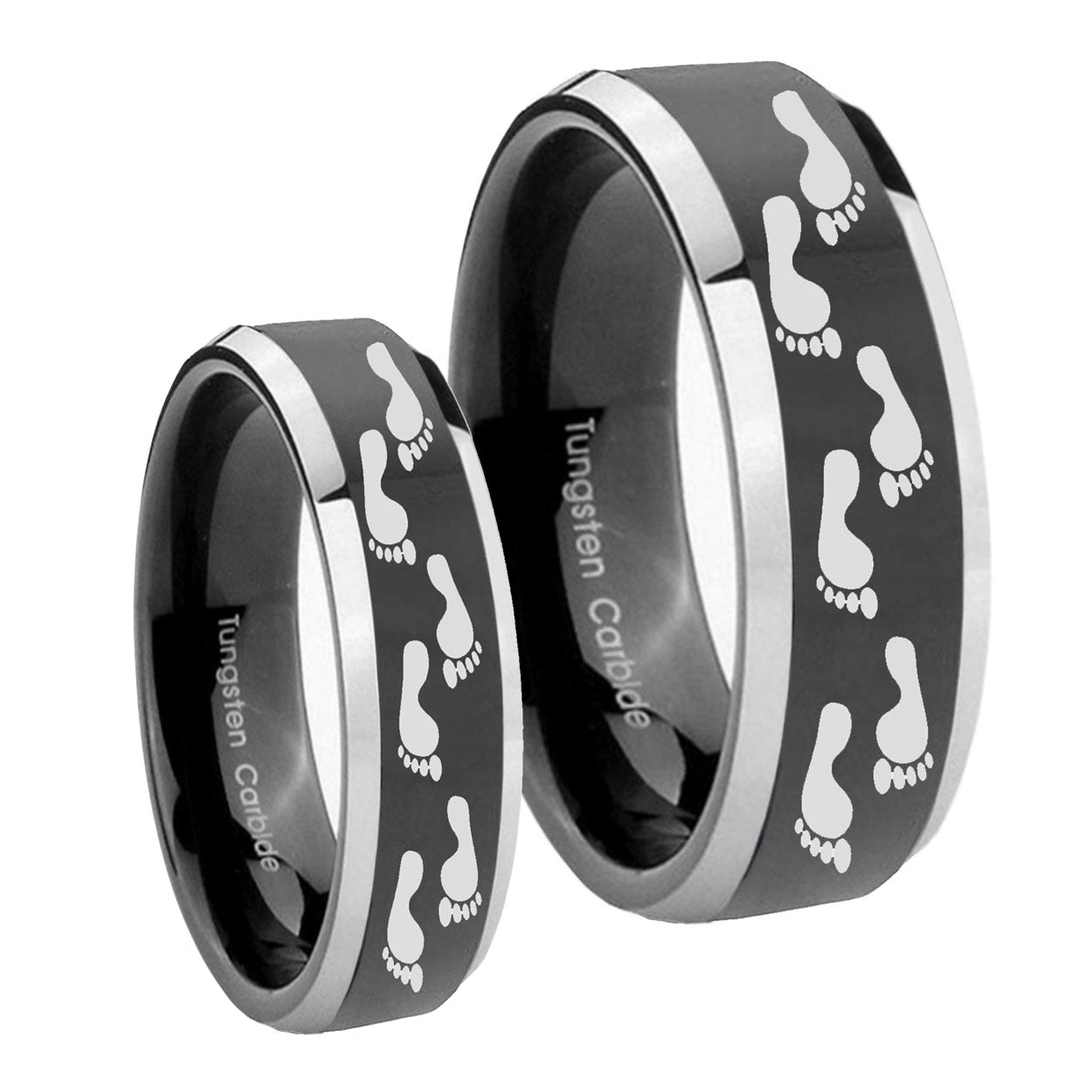 Foot Print Beveled Edges Glossy Black 2 Tone Tungsten Bridal Set Rings