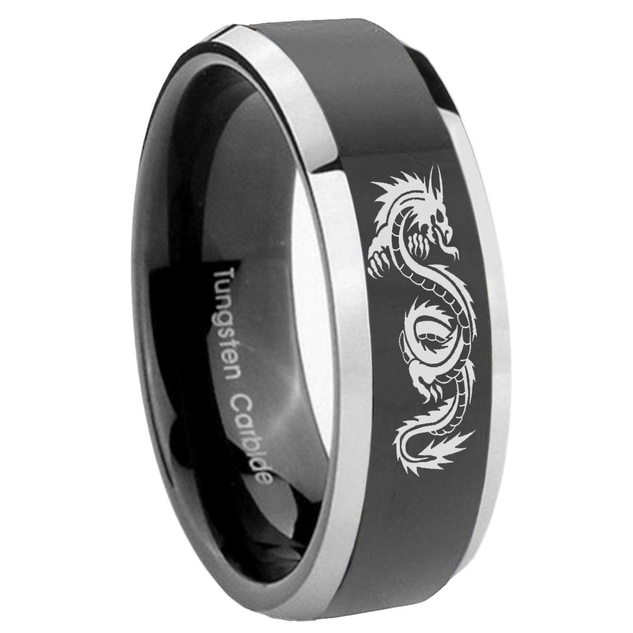 8mm Dragon Beveled Glossy Black 2 Tone Tungsten Ring Mens