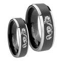 Dragon Beveled Edges Glossy Black 2 Tone Tungsten Wedding Set Rings