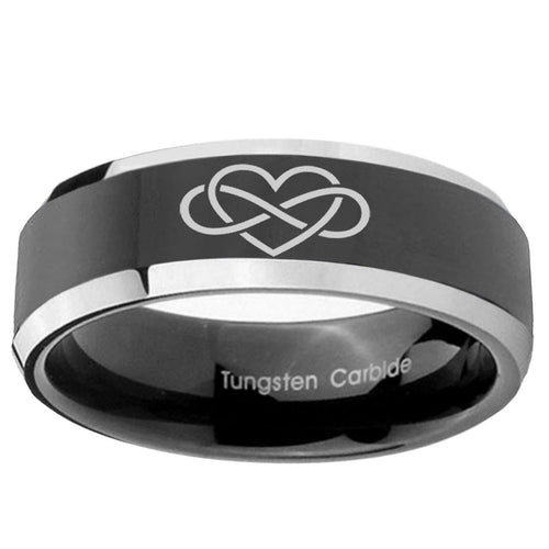 10mm Infinity Love Beveled Glossy Black 2 Tone Tungsten Ring