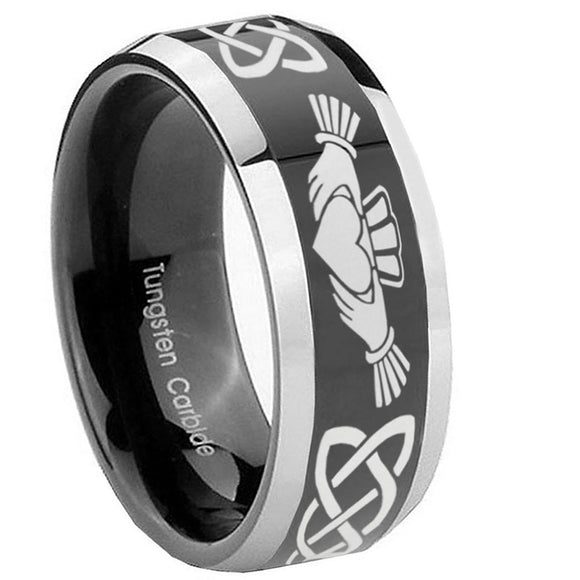 10mm-Irish-Claddagh-Beveled-Edges-Glossy-Black-2-Tone-Tungsten-Men's-Bands-Ring