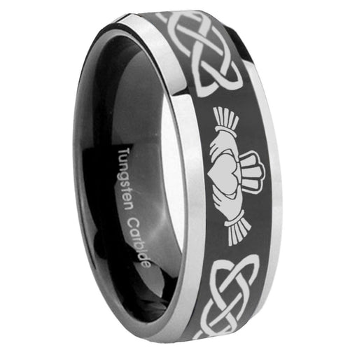 10mm Irish Claddagh Beveled Edges Glossy Black 2 Tone Tungsten Men's Bands Ring