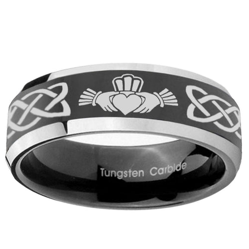 10mm Irish Claddagh Beveled Edge Glossy Black 2 Tone Tungsten Ring