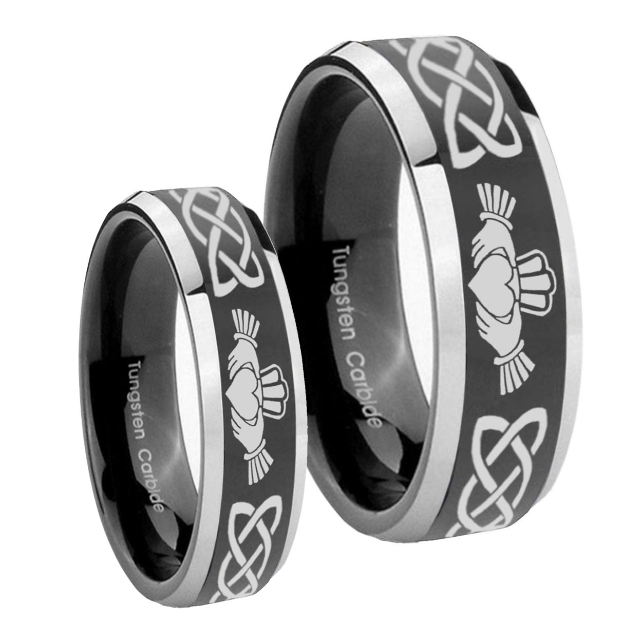 Irish Claddagh Beveled Edges Glossy Black 2 Tone Tungsten Bridal Ring Sets