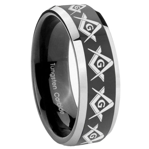 10mm Masonic Square and Compass Beveled Glossy Black 2 Tone Tungsten Engagement Ring