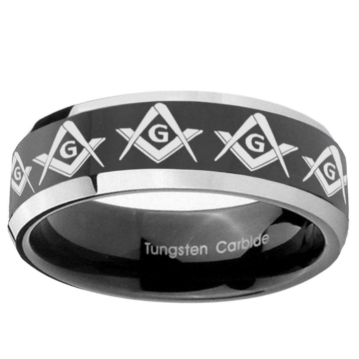 5mm Masonic Square Compass Bevel Glossy Black 2 Tone Tungsten Ring