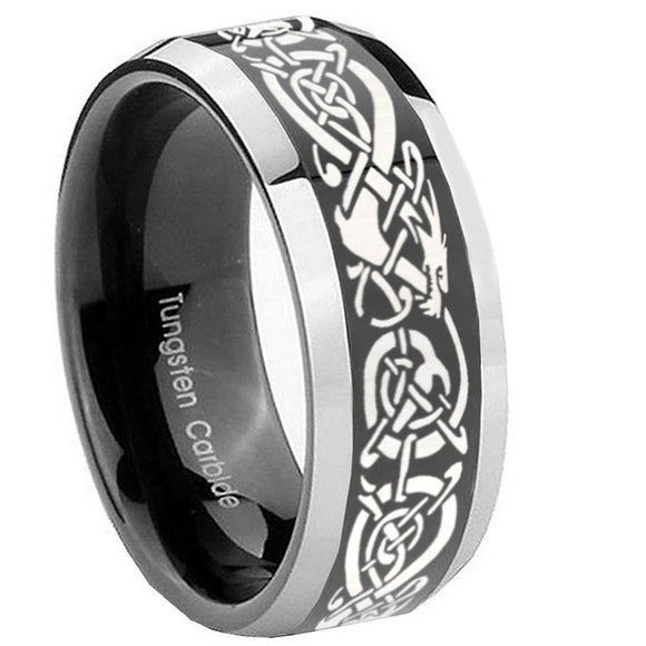 10mm-Celtic-Knot-Dragon-Beveled-Edges-Glossy-Black-2-Tone-Tungsten-Men's-Ring