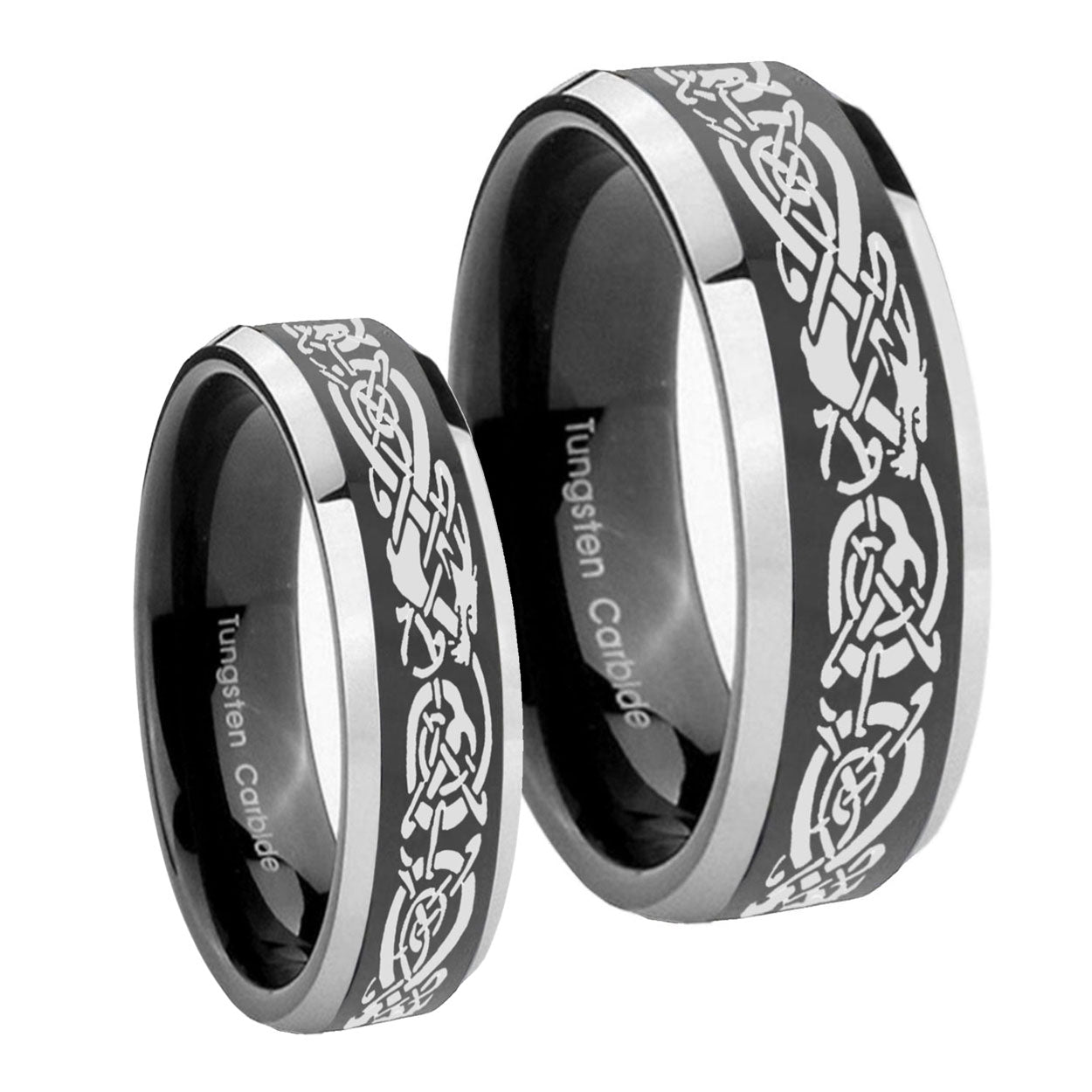 Celtic Knot Dragon Beveled Glossy Black 2 Tone Tungsten His Hers Ring Set