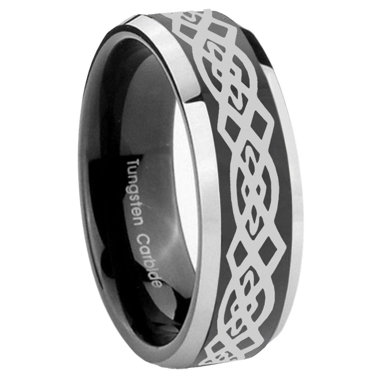 8mm Celtic Knot Beveled Glossy Black 2 Tone Tungsten Ring