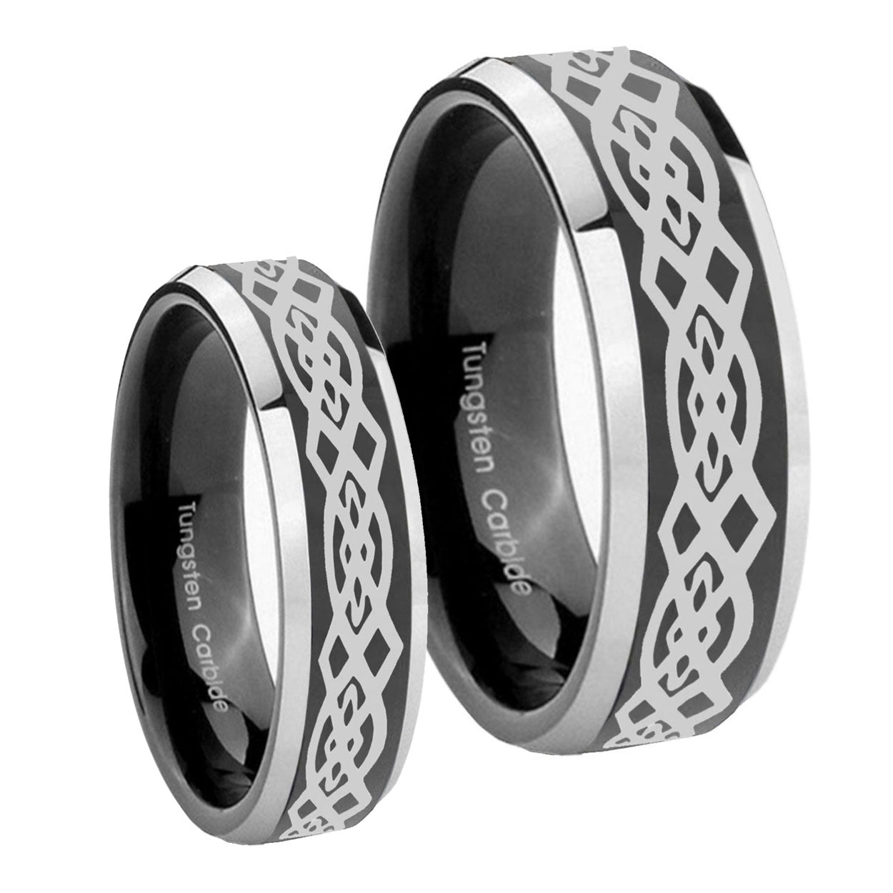 Celtic Knot Beveled Glossy Black 2 Tone Tungsten His Hers Set Rings