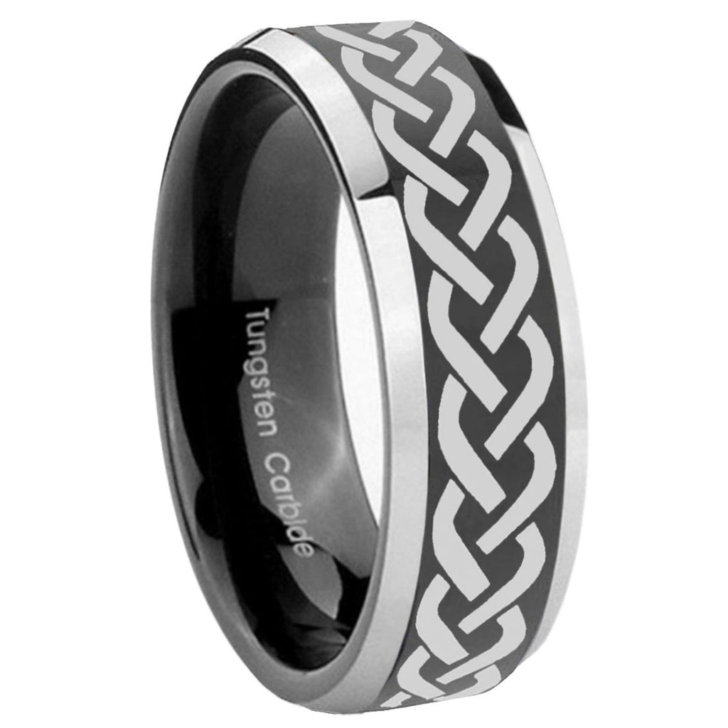 8mm Laser Celtic Knot Bevel Glossy Black 2 Tone Tungsten Ring