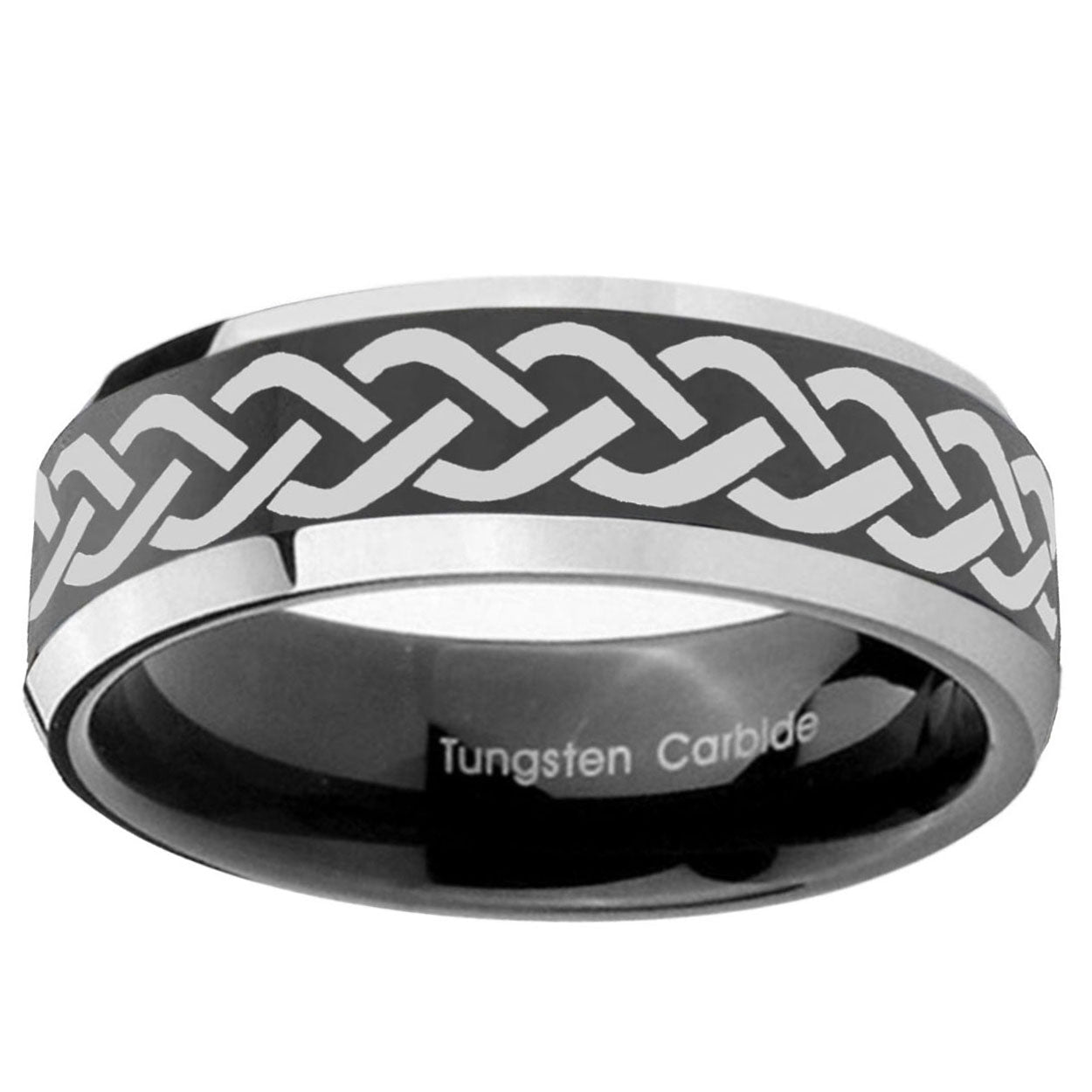 5mm Laser Celtic Knot Bevel Glossy Black 2 Tone Tungsten Ring