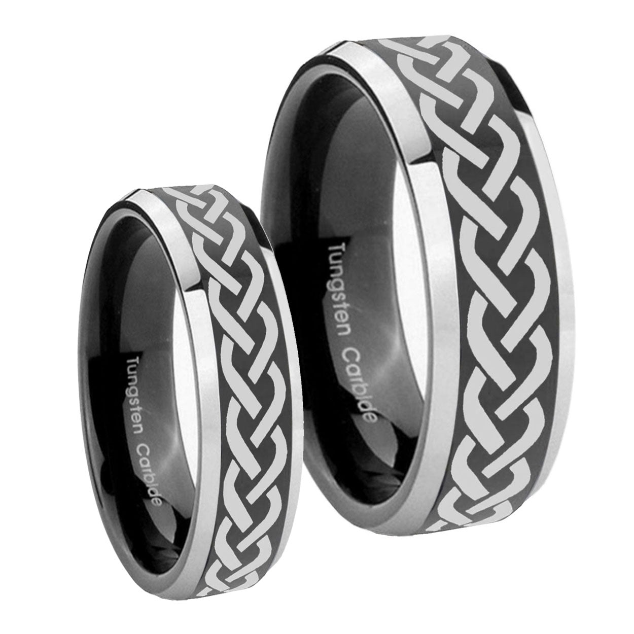 Laser Celtic Knot Beveled Glossy Black 2 Tone Tungsten Couple Wedding Bands