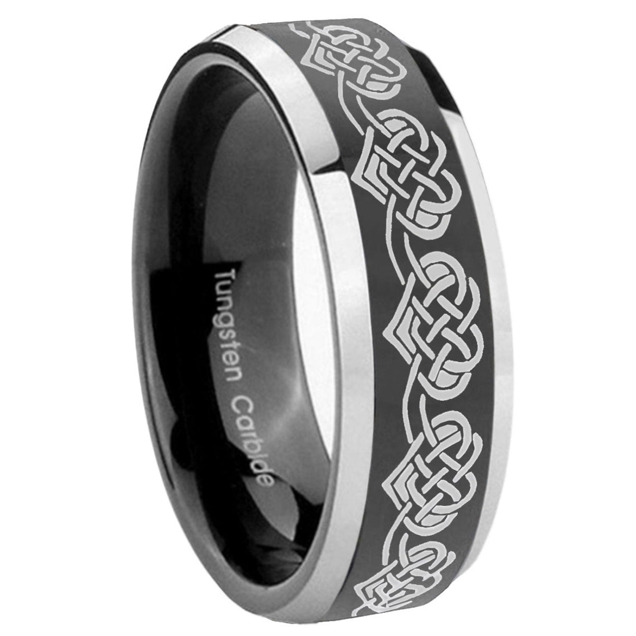 10mm Celtic Knot Heart Beveled Glossy Black 2 Tone Tungsten Engagement Ring