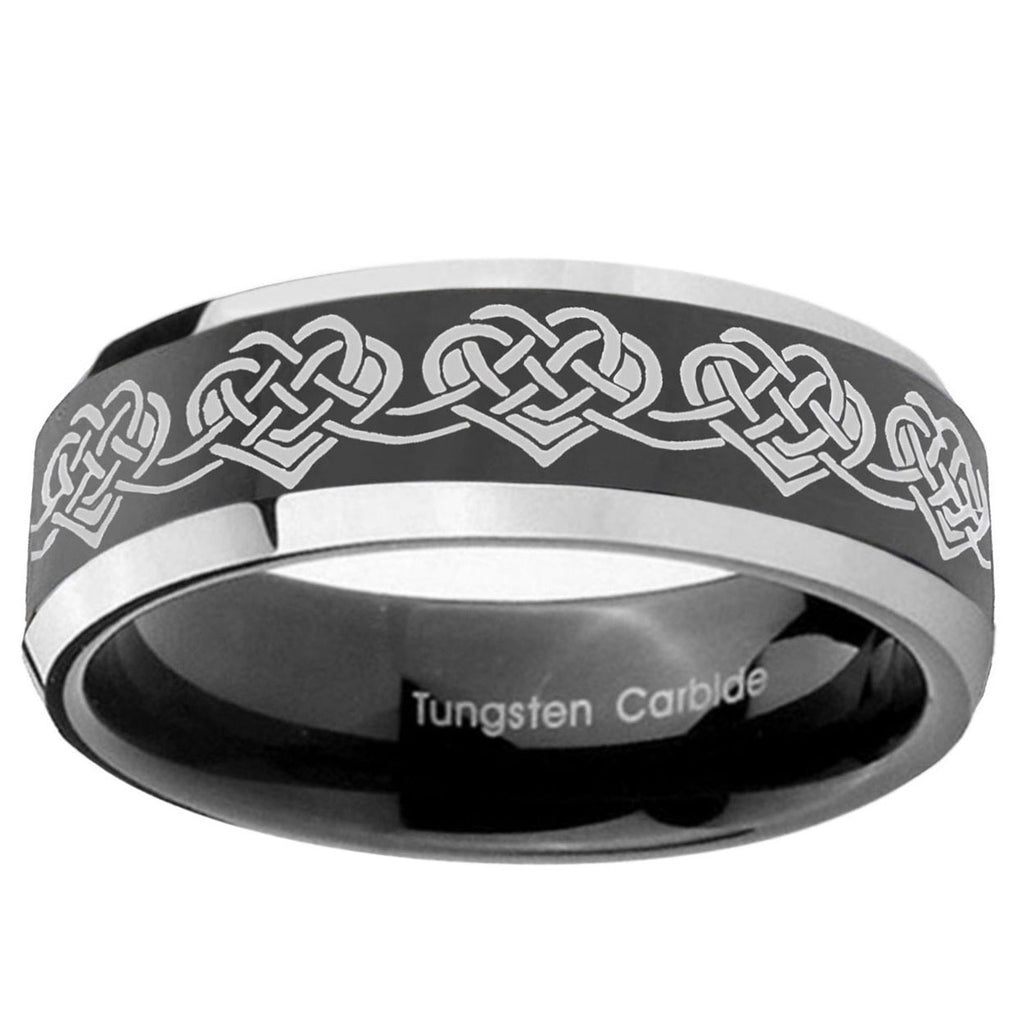 5mm Celtic Knot Heart Bevel Glossy Black 2 Tone Tungsten Ring