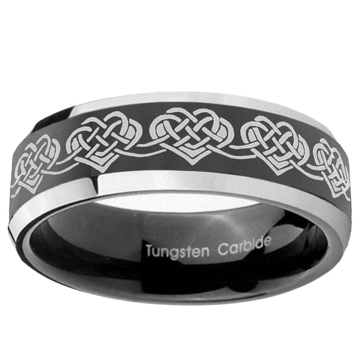 5mm Celtic Knot Heart Bevel Glossy Black 2 Tone Tungsten Ring