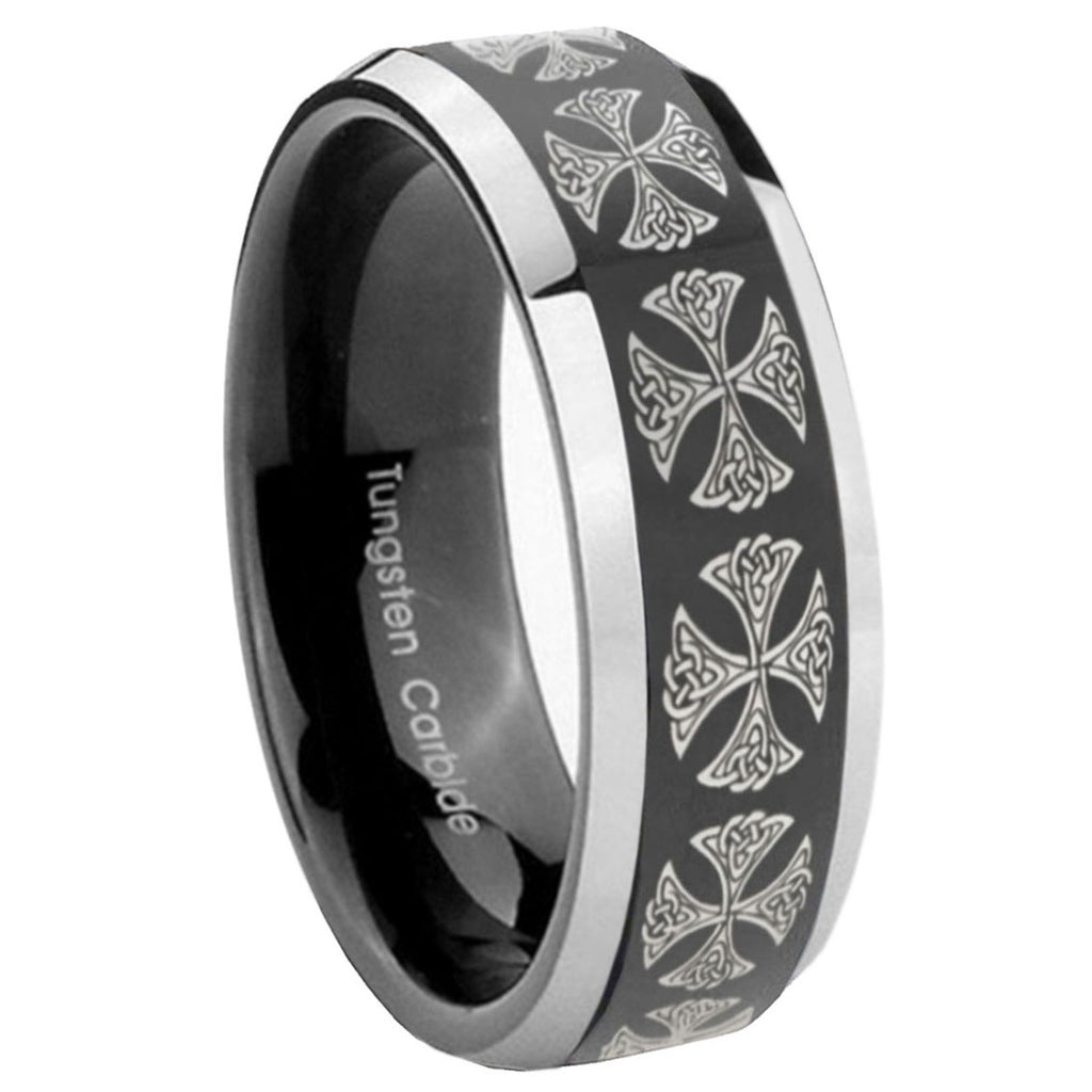 10mm Medieval Cross Beveled Glossy Black 2 Tone Tungsten Engagement Ring
