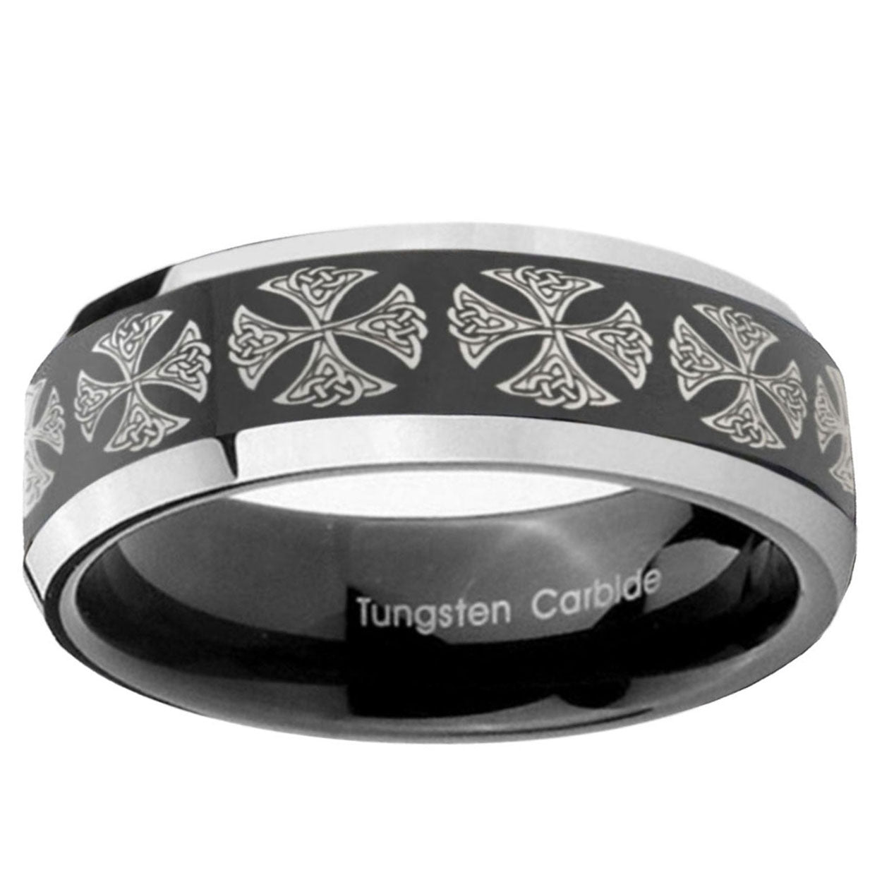 5mm Medieval Cross Bevels Glossy Black 2 Tone Tungsten Ring