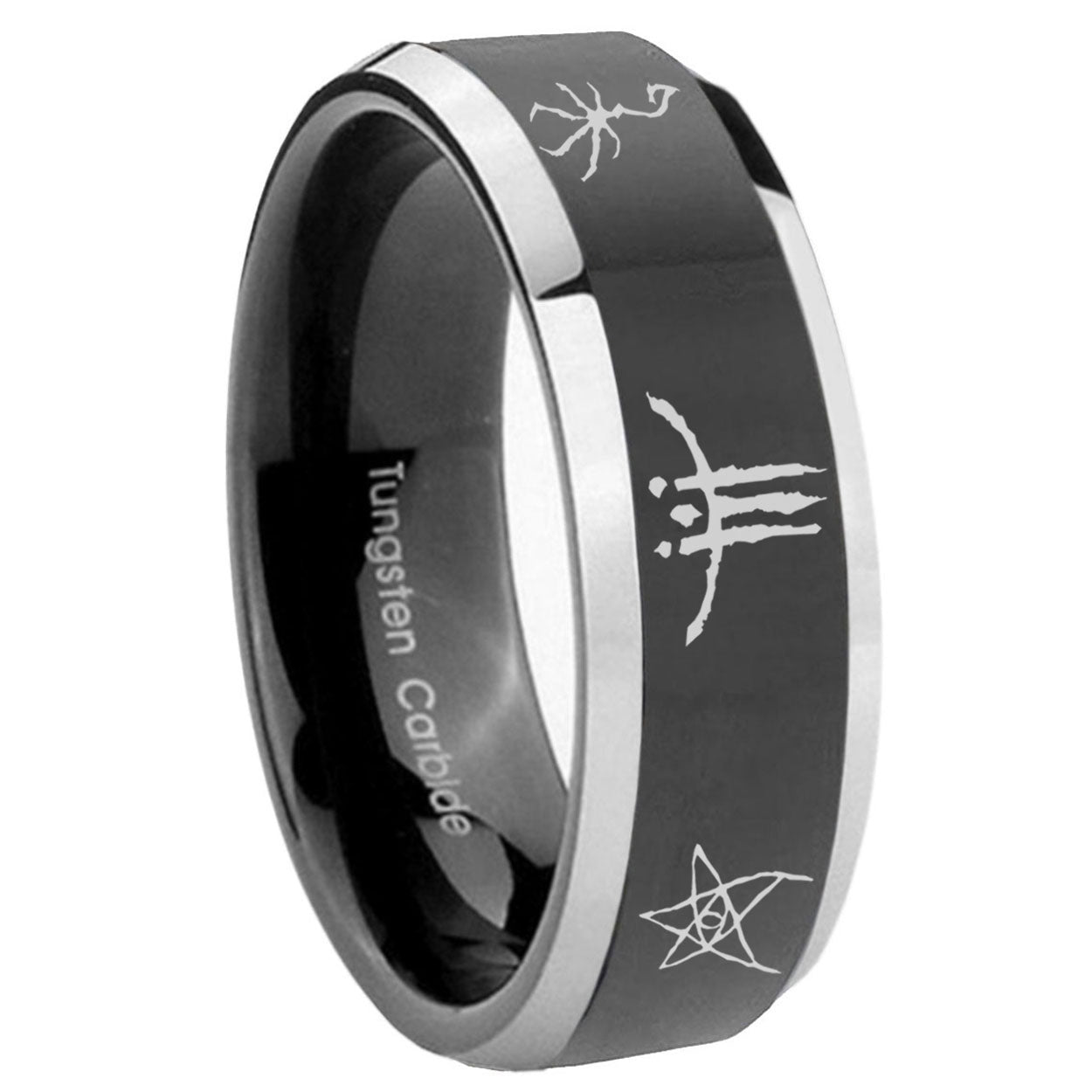 8mm Blackborne Caryll Runes Beveled Edge Black Wedding Ring Mens
