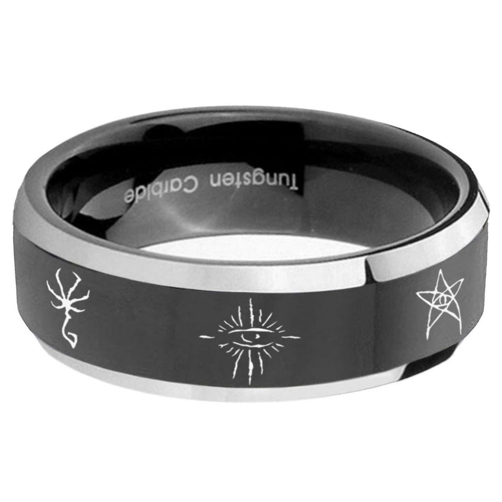 5mm Blackborne Caryll Runes Beveled Edge Black Wedding Ring Mens