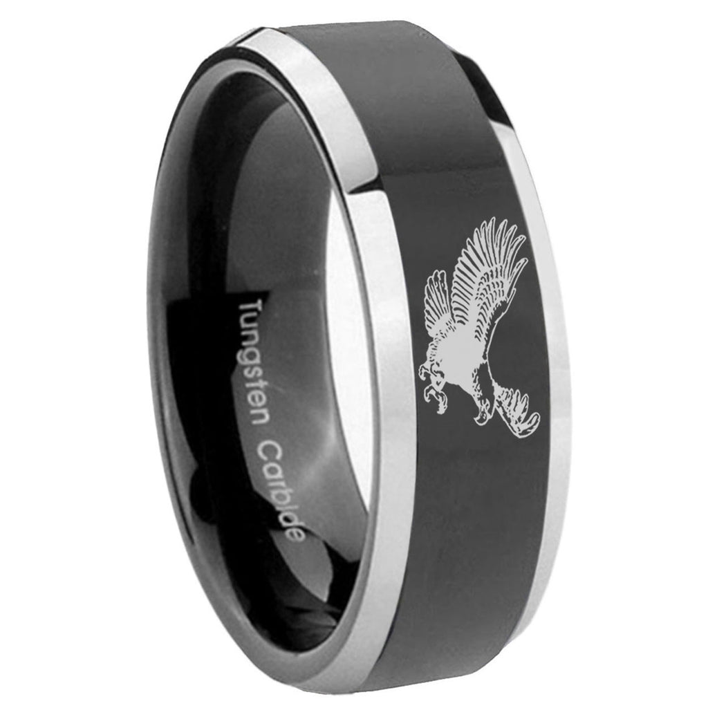 8mm Flying American Eagle Beveled Edge Black Wedding Ring Mens