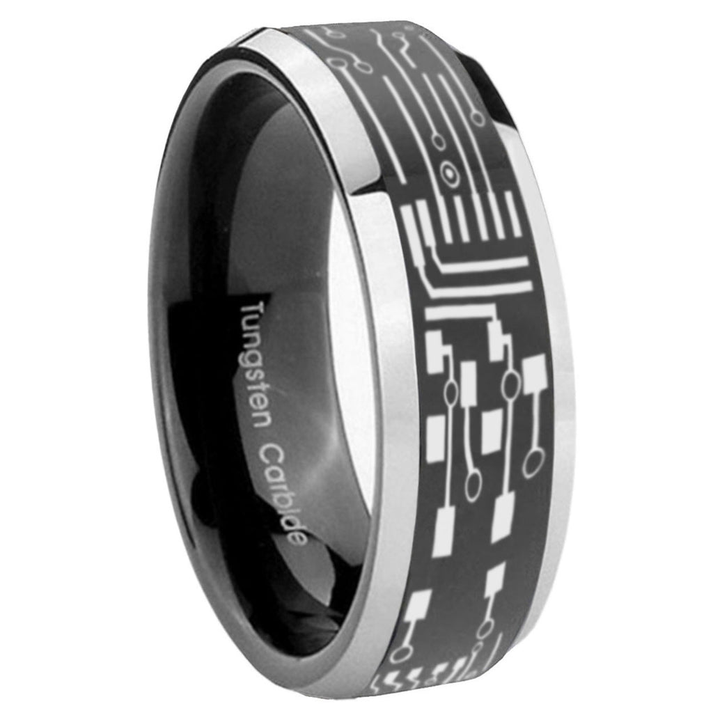 8mm Circuit Board Beveled Edge Black Wedding Ring Mens
