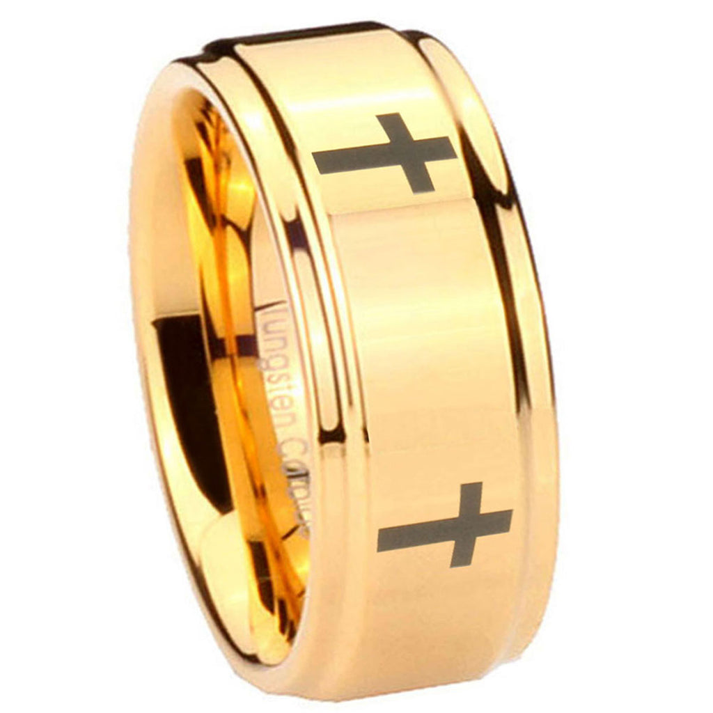 8mm Crosses Step Edge Gold Tungsten Metals For Men's Ring