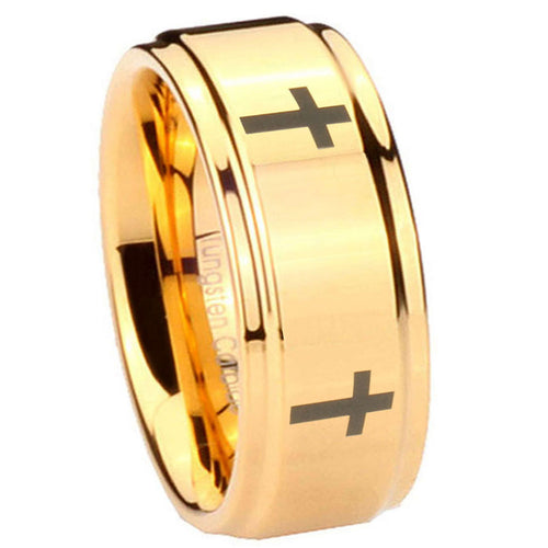 8mm Crosses Step Edge Gold Tungsten Metals For Men's Ring