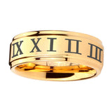 5, 8mm Roman Numeral Step Edge Gold Mens Wide Band Rings