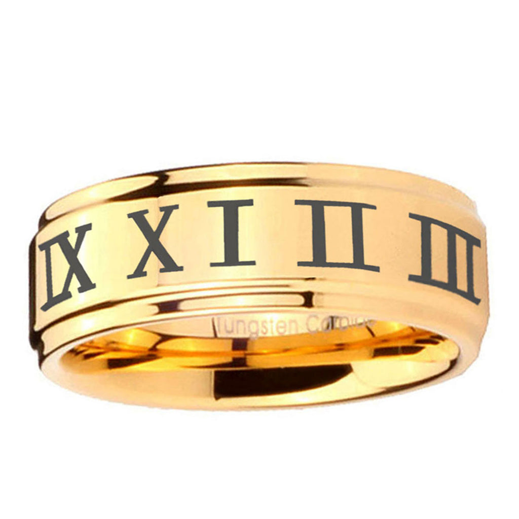 5mm Roman Numeral Step Edge Gold Mens Wide Band Ring