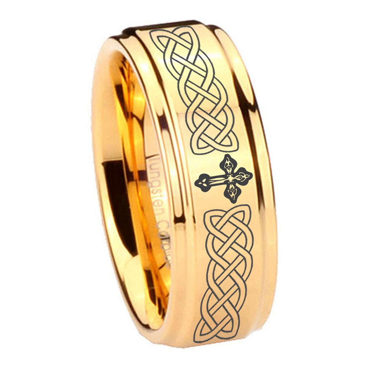 8mm Celtic Cross Step Edge Gold Tungsten Ring For Him