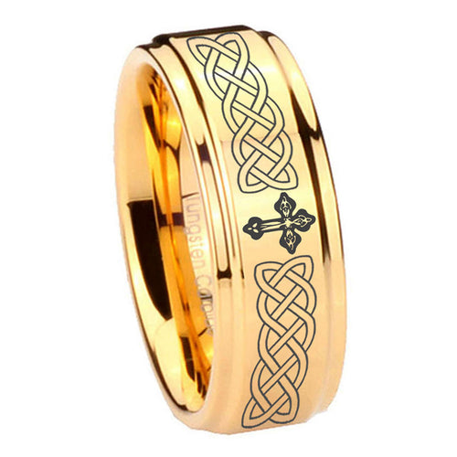 8mm Celtic Cross Step Edge Gold Tungsten Ring For Him