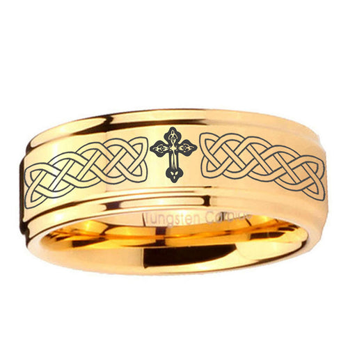 5mm Celtic Cross Step Edge Gold Tungsten Ring For Him