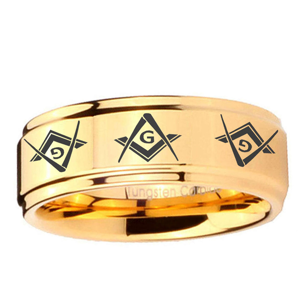 5mm Revere Masonic Step Edge Gold Tungsten Ring For Him