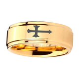 5, 8mm Crosses Step Edge Gold Mens Ring Tungsten
