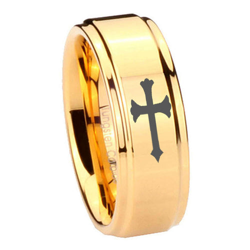 8mm Crosses Step Edge Gold Tungsten Mens Ring Tungsten