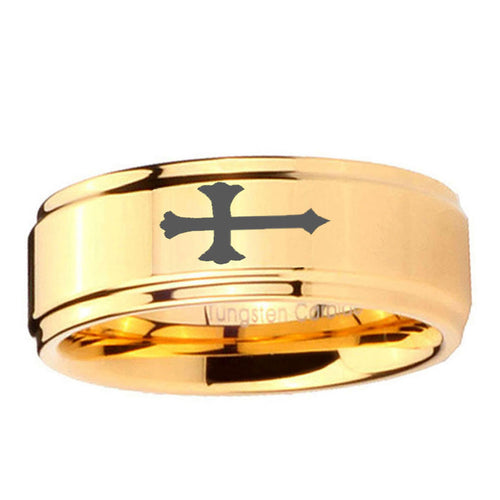 5mm Crosses Step Edge Gold Tungsten Mens Ring Tungsten