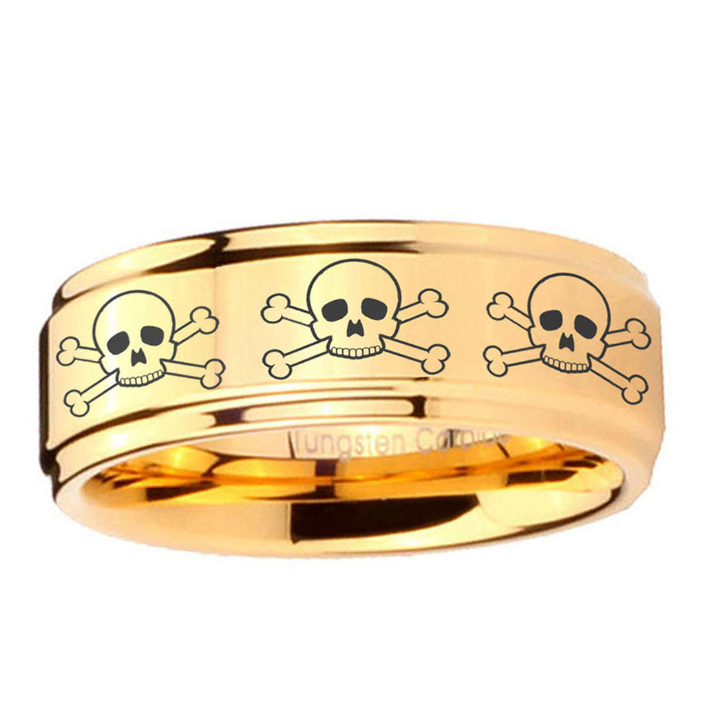 5mm Multiple Skull Step Edge Gold Tungsten Ring For Him
