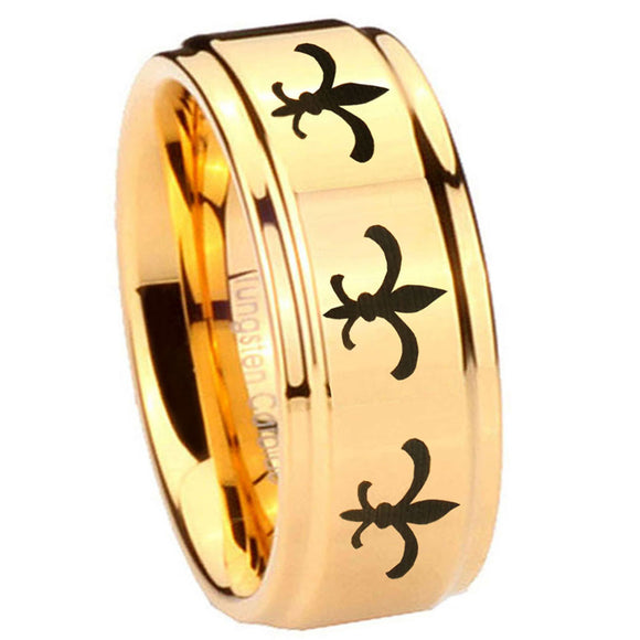 8mm Multiple Fleur De Lis Step Edge Gold Engraved Tungsten Rings
