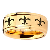 5, 8mm Multiple Fleur De Lis Step Edge Gold Engraved Tungsten Rings