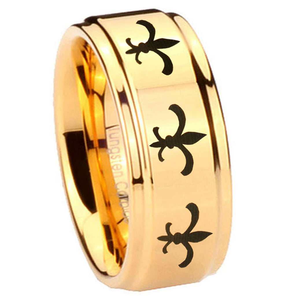8mm Multiple Fleur-De-Lis Step Edge Gold Tungsten Ring