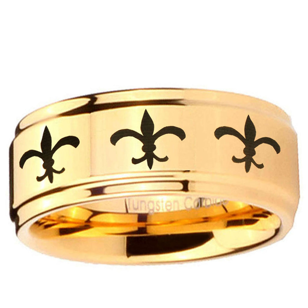 5mm Multiple Fleur-De-Lis Step Edge Gold Tungsten Ring