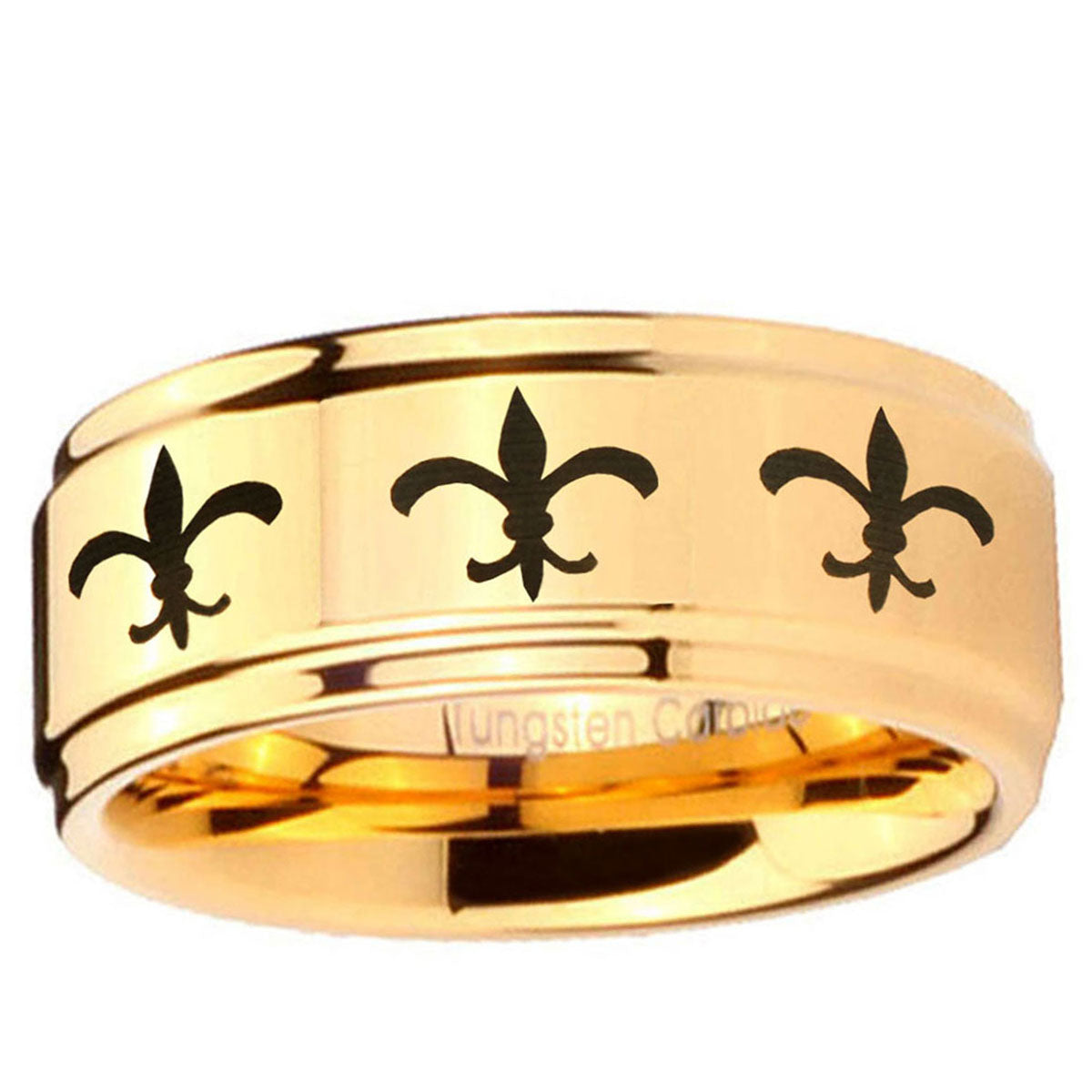 5mm Multiple Fleur-De-Lis Step Edge Gold Tungsten Ring