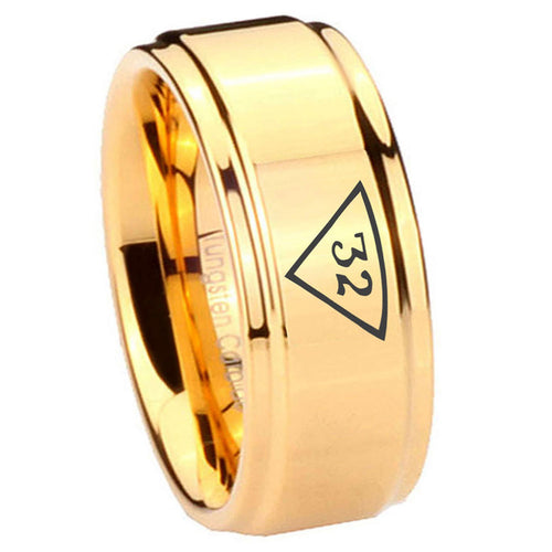 8mm 32 Masonic Step Edge Gold Tungsten Ring For Him