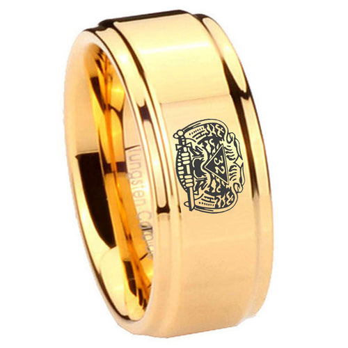 8mm 32 Masonic Step Edge Gold Tungsten Ring For Him