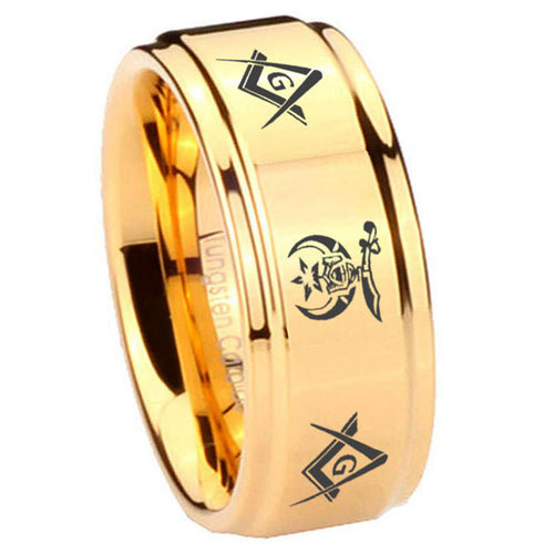 8mm Masonic Shriners Step Edge Gold Engraved Ring For Him