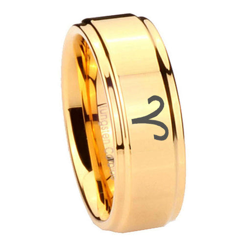 8mm Aries Zodiac Step Edge Gold Tungsten Ring For Him