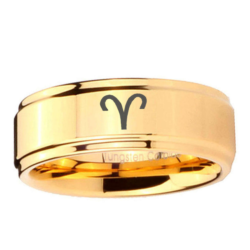5mm Aries Zodiac Step Edge Gold Tungsten Ring For Him