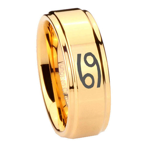 8mm Cancer Horoscope Step Edge Gold Mens Ring Tungsten