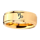 5, 8mm Capricorn Zodiac Step Edge Gold Mens Wide Band Rings